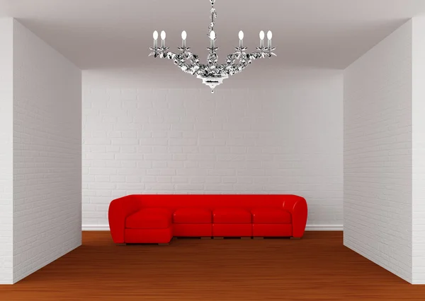 Зал галереи с красным диваном и серебряной люстрой — стоковое фото