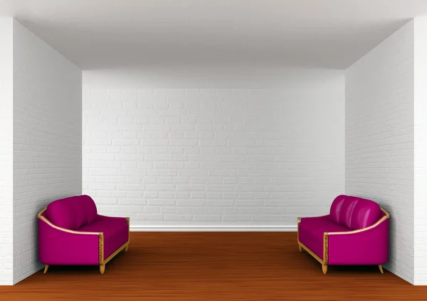 Salão da galeria vazia com sofás roxos — Fotografia de Stock