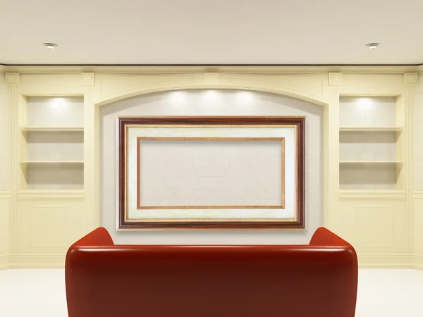 Röd soffa med fotoram — Stockfoto