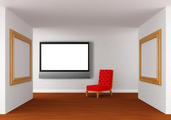 Galeria 's hall com cadeira e lcd tv — Fotografia de Stock