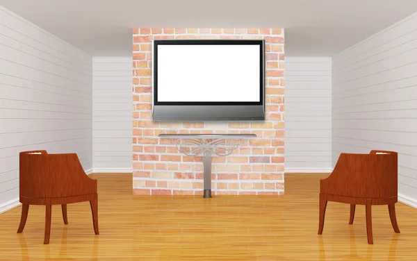 Зал галереи со стульями, металлическим столом и плоским телевизором — стоковое фото