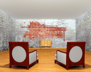 Gallery's hall with chairs and wooden table with splash hole clipart