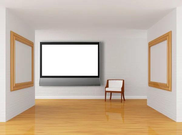 Töm galleriets hall med stol och LCD-tv — Stockfoto