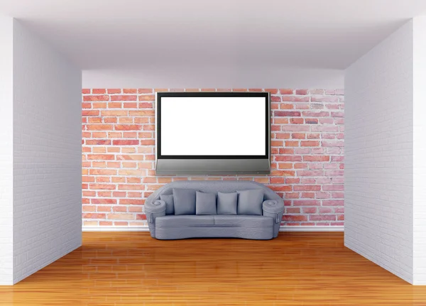 W galerii sali z kanapą i tv z płaskim — Zdjęcie stockowe