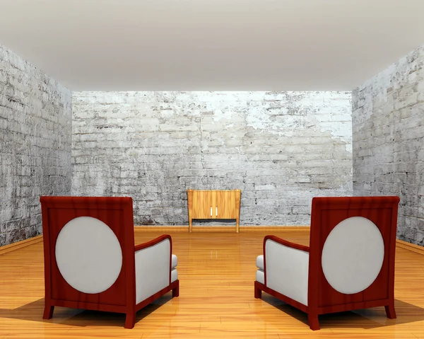 Hall da galeria com cadeiras e mesa de console de madeira — Fotografia de Stock