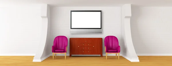 Galeria 's hall com cadeiras, lcd TV e escritório — Fotografia de Stock