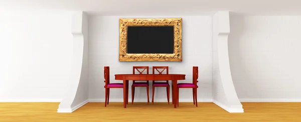 木桌子和椅子与图片框在现代的白色餐厅 — 图库照片