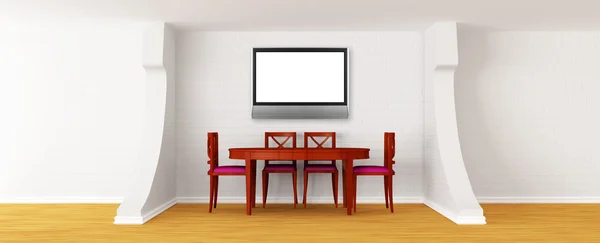 Tavolo e sedie in legno con TV lcd in una moderna sala da pranzo bianca — Foto Stock
