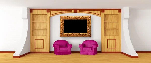 Sillas púrpuras con estantería y marco adornado moderno en el interior moderno —  Fotos de Stock