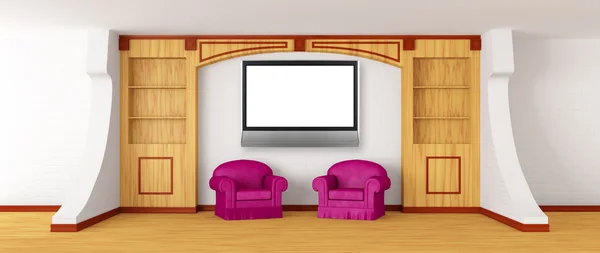 Sillas púrpuras con estantería y tv lcd en el interior moderno — Foto de Stock