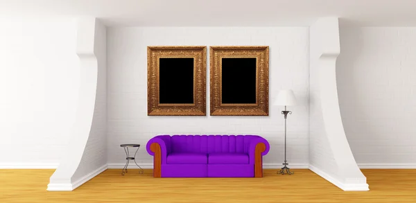 Purple couch, table and standard lamp in modern gallery's hall — Stock Photo, Image