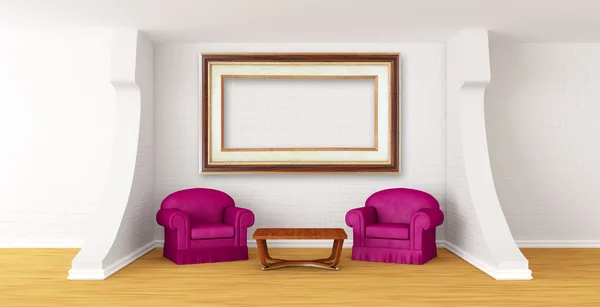 Galerie s luxusními židlemi a dřevěný stůl — Stock fotografie