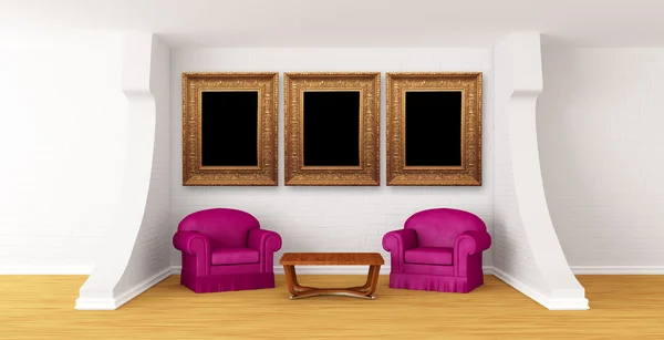 Salón de la galería con sillas de lujo y mesa de madera —  Fotos de Stock
