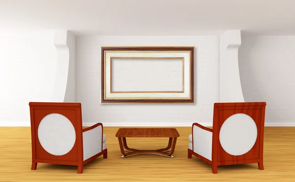 Galéria hall luxus székekkel és fa tábla — Stock Fotó