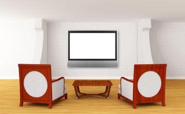 Gallery's hall with luxurious chairs, wooden table and lcd TV clipart