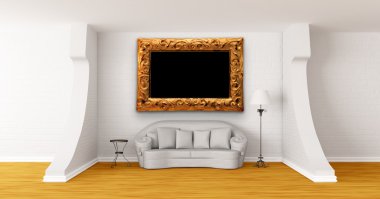 Beyaz bir kanepeyi, tablo ve Standart lamba, modern galerinin hall