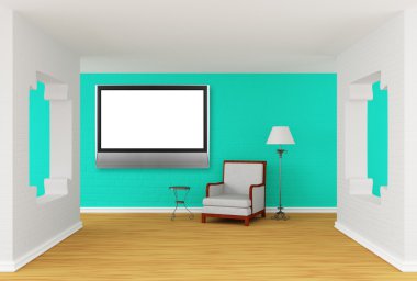 Armchair, table and standard lamp with lcd TV in modern gallery clipart