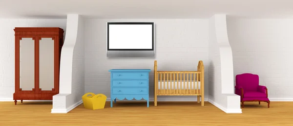 Quarto de bebê com um berço e tv plana — Fotografia de Stock