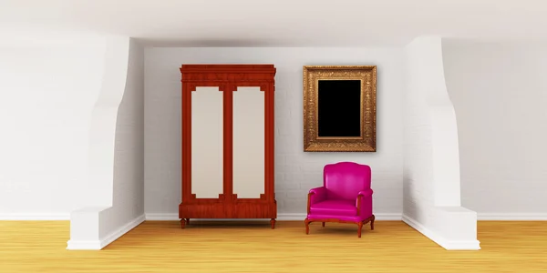 Armário com cadeira de luxo e moldura ornamentada no interior moderno — Fotografia de Stock