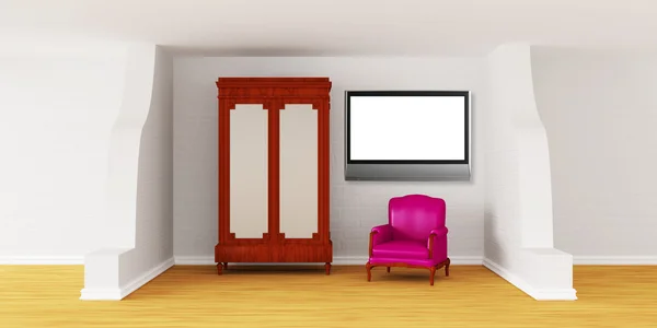 橱柜与豪华椅子和液晶电视在现代室内装饰 — 图库照片