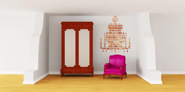 Cupboard with luxurious chair and silhouette of chandelier in interior — Stock Photo, Image