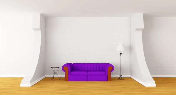 Canapé violet, table et lampe standard dans le hall de la galerie moderne — Photo