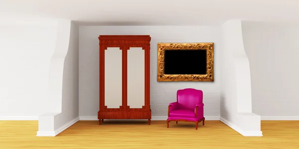 Szafka z luksusowy fotel i ozdobny rama w nowoczesnym wnętrzu — Zdjęcie stockowe
