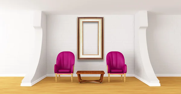 Hall de la galerie avec chaises luxueuses et table en bois — Photo