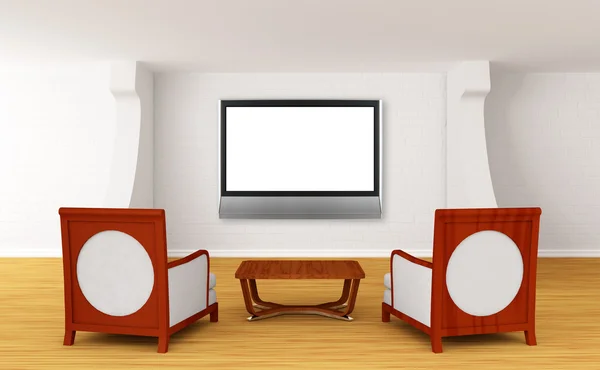 Gallery's hall with luxurious chairs, wooden table and lcd TV — Stock Photo, Image