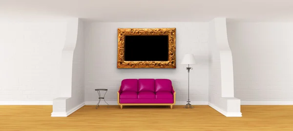 Sofá roxo, mesa e lâmpada padrão no salão da galeria moderna — Fotografia de Stock