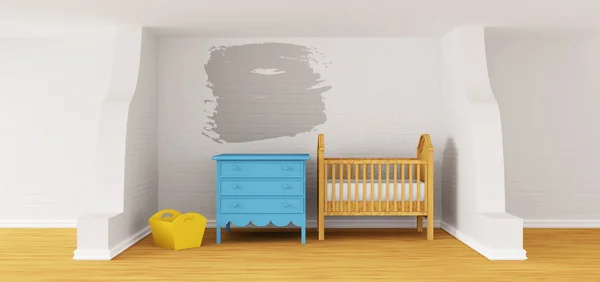 婴儿卧室与婴儿床和飞溅的帧 — 图库照片