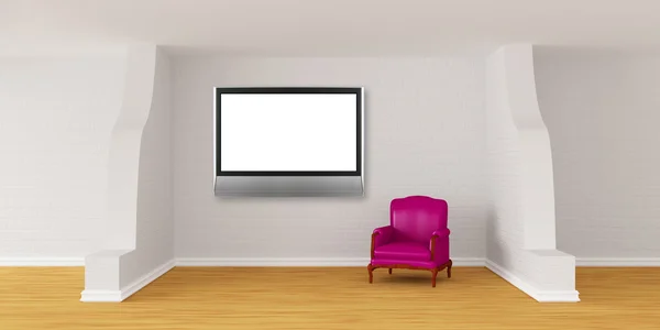 Современный номер с ЖК-телевизором и фиолетовым креслом — стоковое фото