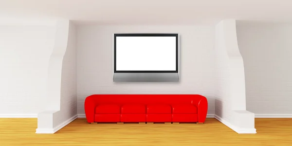画廊的大厅与红色的沙发和平板电视 — 图库照片
