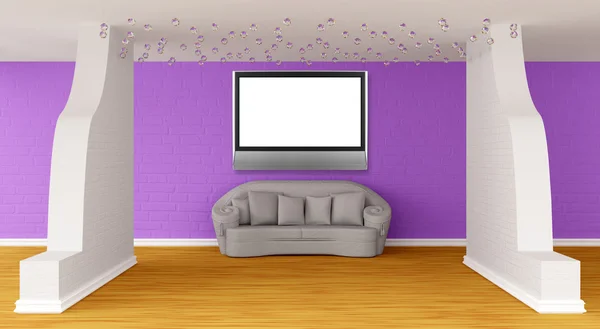 Salón de la galería con sofá gris y tv lcd —  Fotos de Stock