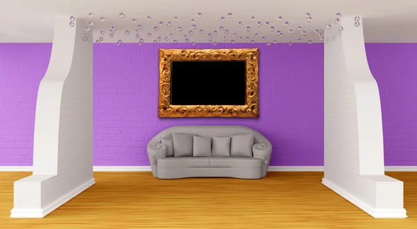 Gallery's hall with grey sofa — Stock Photo, Image
