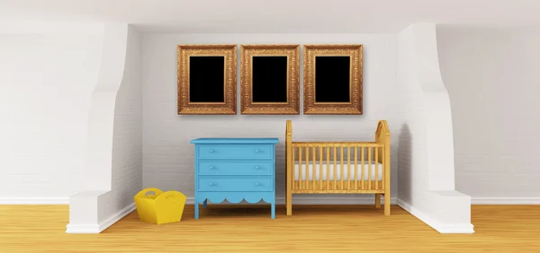 有一张婴儿床和相框的婴儿卧室 — 图库照片