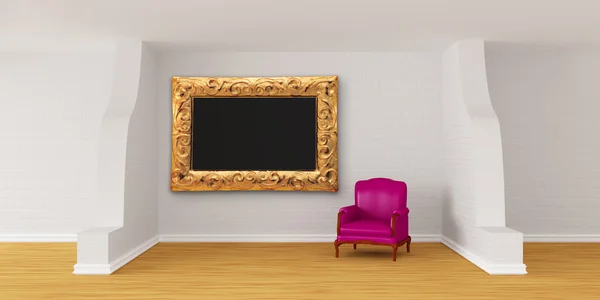 Chambre moderne avec cadre photo et fauteuil violet — Photo