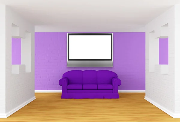 画廊的大厅与紫色沙发和液晶电视 — 图库照片