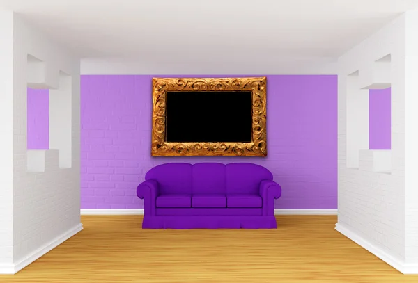 Gallery's hall with purple sofa — Stock Photo, Image
