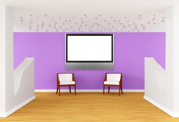 Galeriesaal mit luxuriösen Stühlen und Flachbildfernseher — Stockfoto