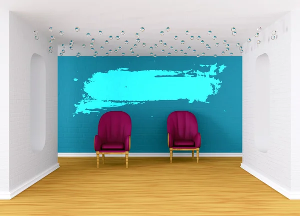 Galerij hal met paarse fauteuils en plons frame — Stockfoto