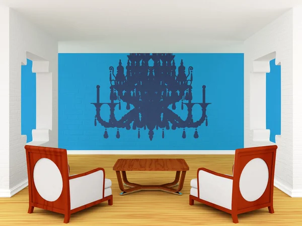 Hall da galeria com cadeiras, mesa de madeira e silhueta de lustre — Fotografia de Stock