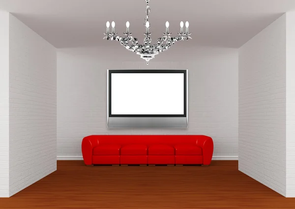 Зала галереї з червоним диваном, срібною люстрою та плоским телевізором — стокове фото