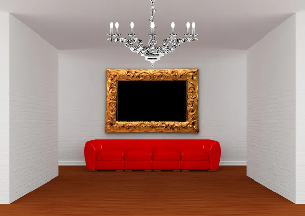 Зала галереї з червоним диваном і срібною люстрою — стокове фото