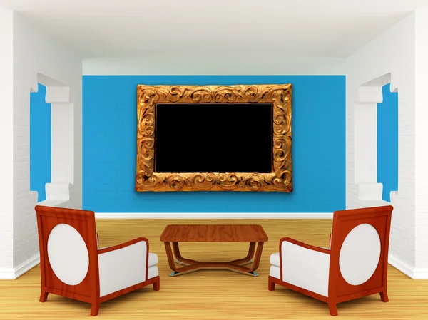 Hall da Galeria com cadeiras luxuosas e mesa de madeira — Fotografia de Stock