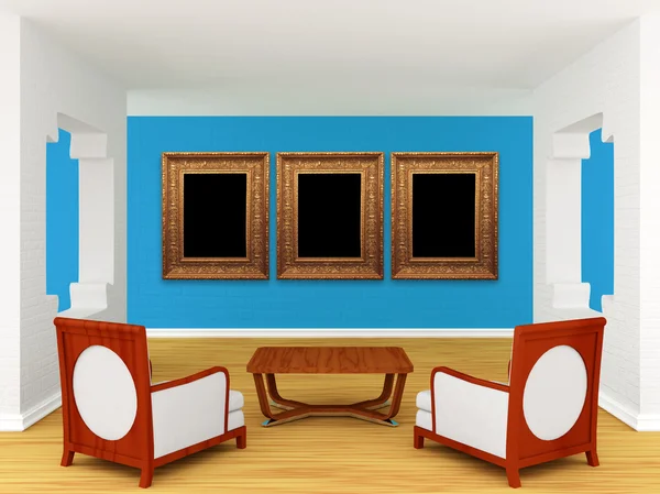 Hala je galerie s luxusními židlemi a dřevěný stůl — Stock fotografie