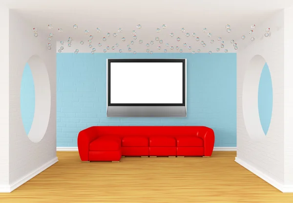 现代画廊大厅与于平板电视的红沙发 — 图库照片