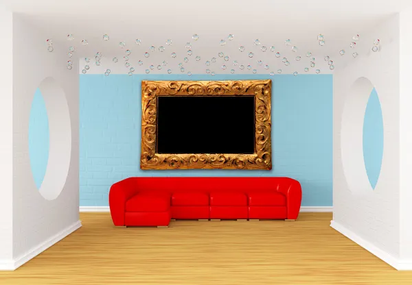Moderner Galeriesaal mit rotem Sofa — Stockfoto