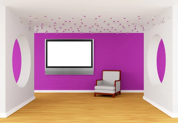 Hall de la galerie rose avec chaise blanche et TV LCD — Photo