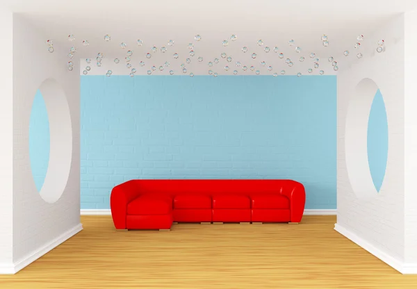 现代画廊大厅与红色沙发 — 图库照片